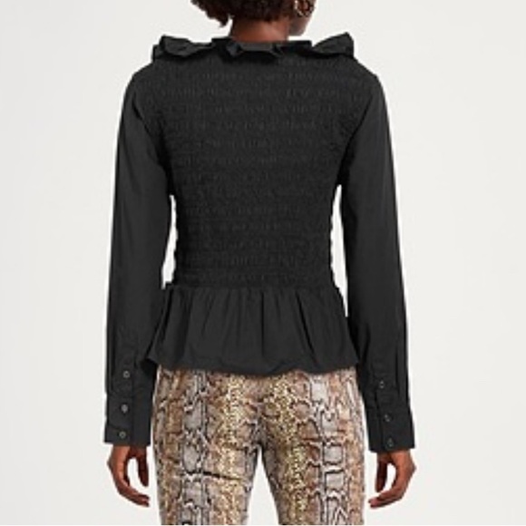 GANNI Black Ruffle cotton poplin smocking Blouse peplum square open neck size 34 - Picture 3 of 7